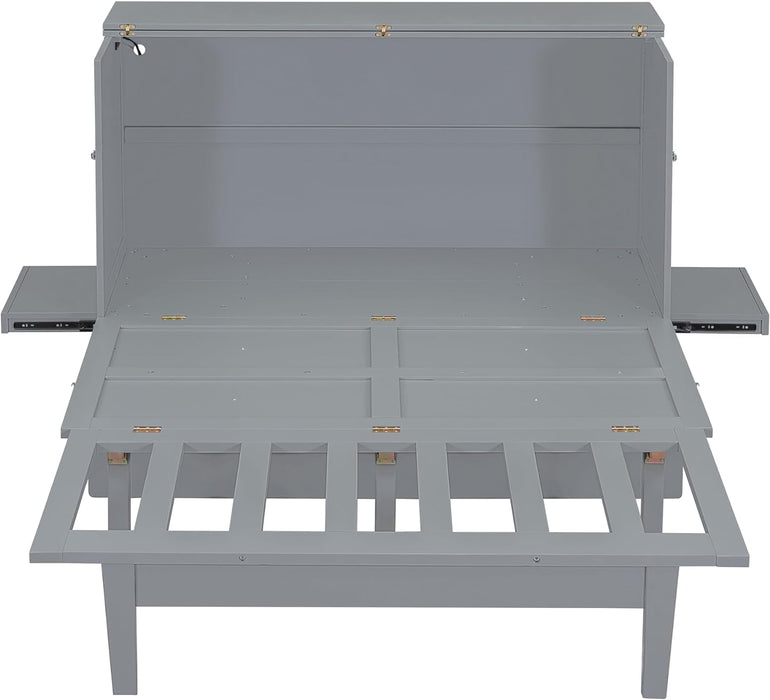 Murphy Bed Queen Size with USB Port and Slide-Out Shelves on Each Side, 2-In-1 Foldable Bed Frame Cabinet Desk for Bedroom Guest Room Living Room (Gray)