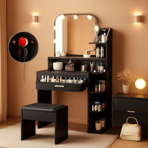Makeup Vanity with Chair, Small Vanity Desk with Mirror and Lights 3 Colors, Girls Vanity Set with Power Outlet, Compact Vanity Table for Small Space, Black
