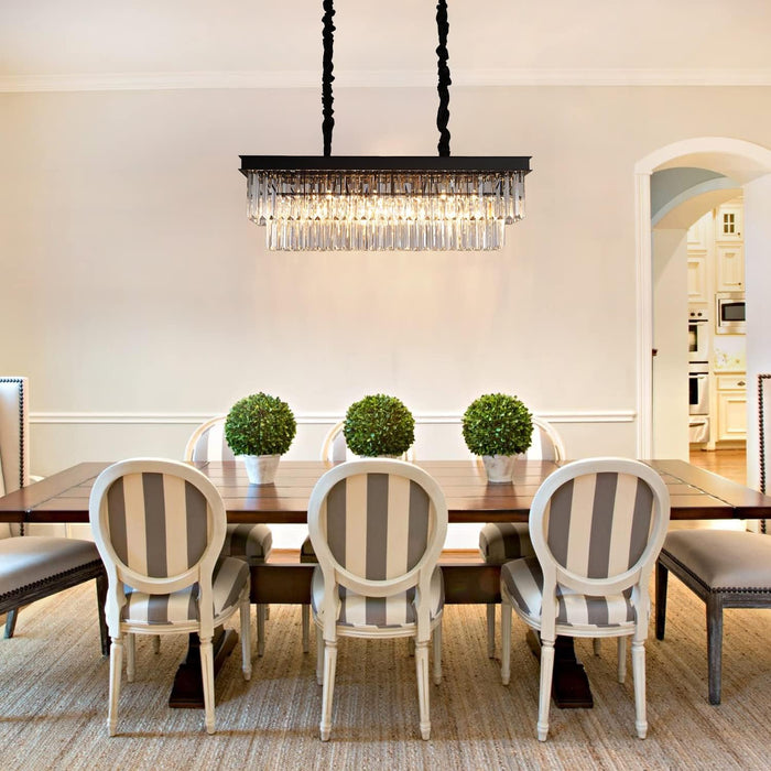 Crystal Chandelier for Dining Room,Rectangular Black Chandelier Modern Rectangle Pendant Light Fixtures for Kitchen Island L33” K9 Contemporary Long Chandelier
