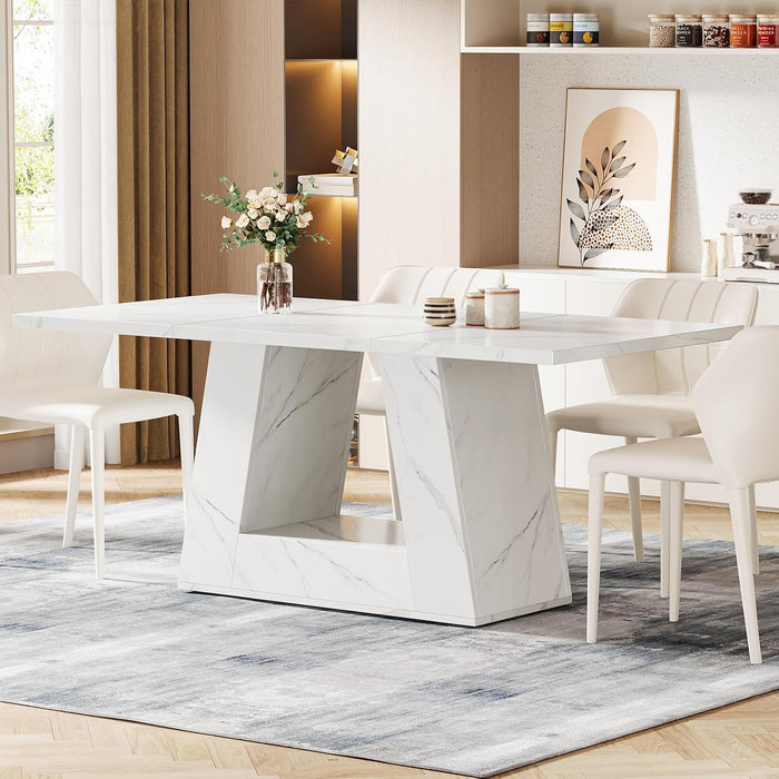 Dining Table for 4 to 6 People, 63" Rectangular Dining Room Table, Modern Wooden Faux Marble Dinner Table with Sturdy Base for Kitchen, Living Room