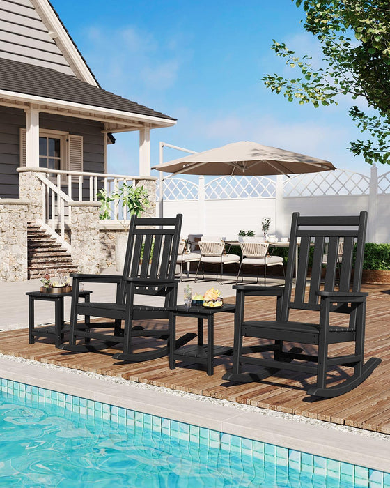 HDPE Rocking Chair Outdoor Set of 2 with Side Table, High Back Rocker