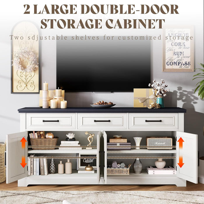 63" Farmhouse Buffet Sideboard Cabinet with 3 Drawers & Adjustable Shelves, White Coffee Bar Wine Bar Storage Cabinet for Kitchen, Living Room