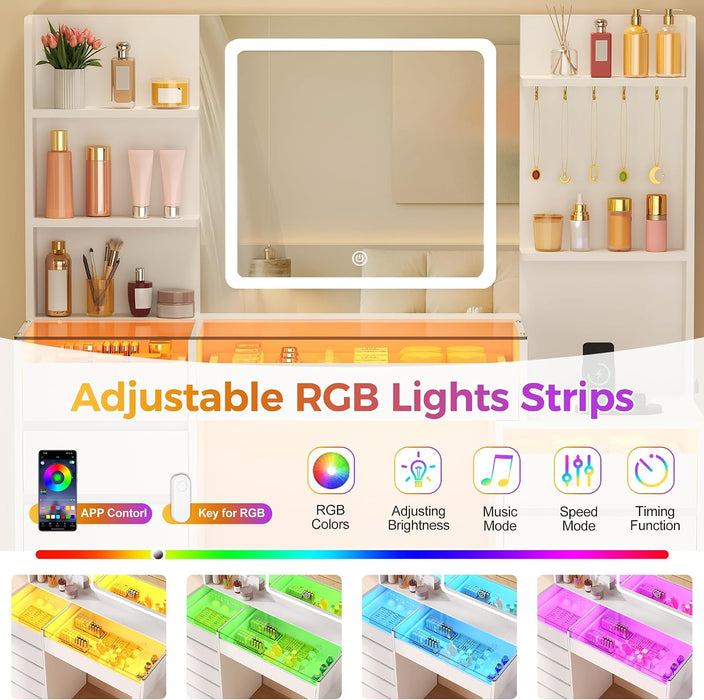 Vanity Desk with Mirror and Lights 3 Colors,White Makeup Vanity Table with Glass Top,10 RGB Drawers,4 Shelves and 5 Hooks,Dressing Table with Power Outlet & Nightstand for Bedroom FST70W