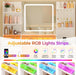 Vanity Desk with Mirror and Lights 3 Colors,White Makeup Vanity Table with Glass Top,10 RGB Drawers,4 Shelves and 5 Hooks,Dressing Table with Power Outlet & Nightstand for Bedroom FST70W