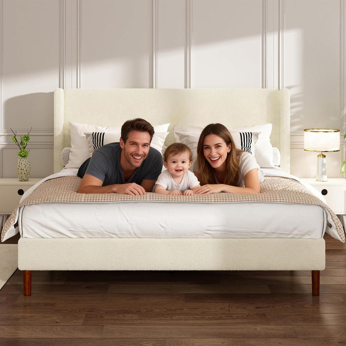 Queen Bed Frame, Boucle Upholstered Platform Bed with Iron & Wood, Beige