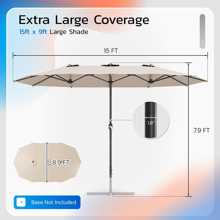 15X9Ft Large Patio Umbrella, Double-Sided Umbrella Outdoor Patio, Rectangle Market Table 177''X104'' Umbrellas with Crank Air Vents for Deck Pool Patio (1.9" Pole, Tan)