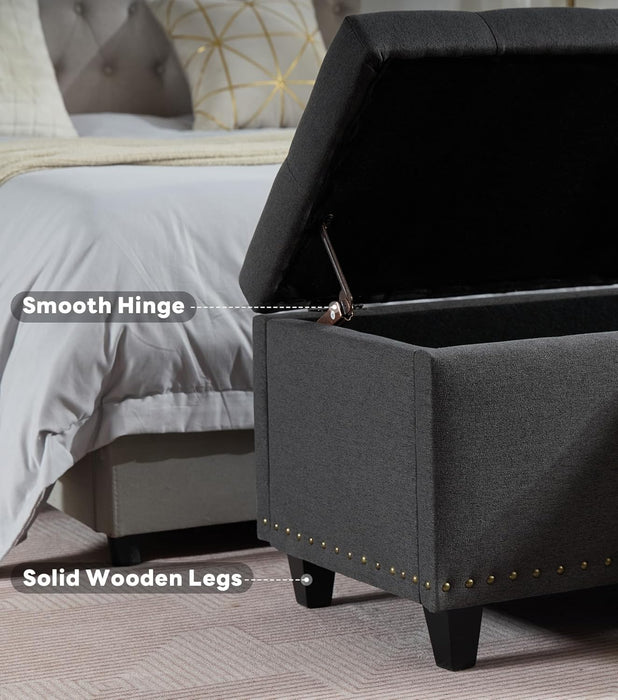 50.8“ Large Ottoman Storage Bench for Bedroom, Oversized Tufted Upholstered Entryway Benches End of Bed, Rectangle Dorm Foot Stool with Safety Hinge & Solid Wood Legs, Loads 660 Lb, Gray