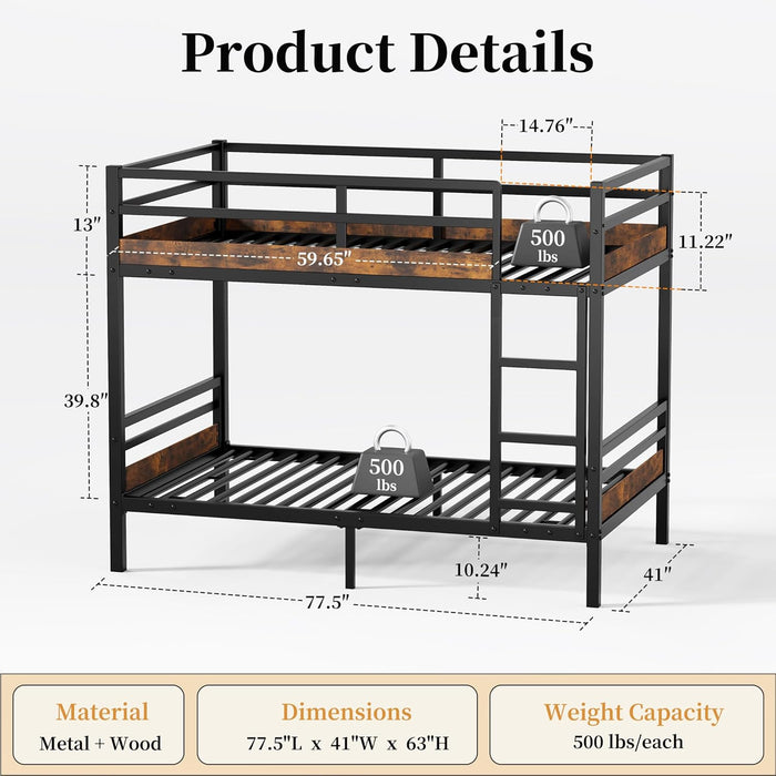 IndustrialGrade Black Metal Twin Bunk Bed Guardrails