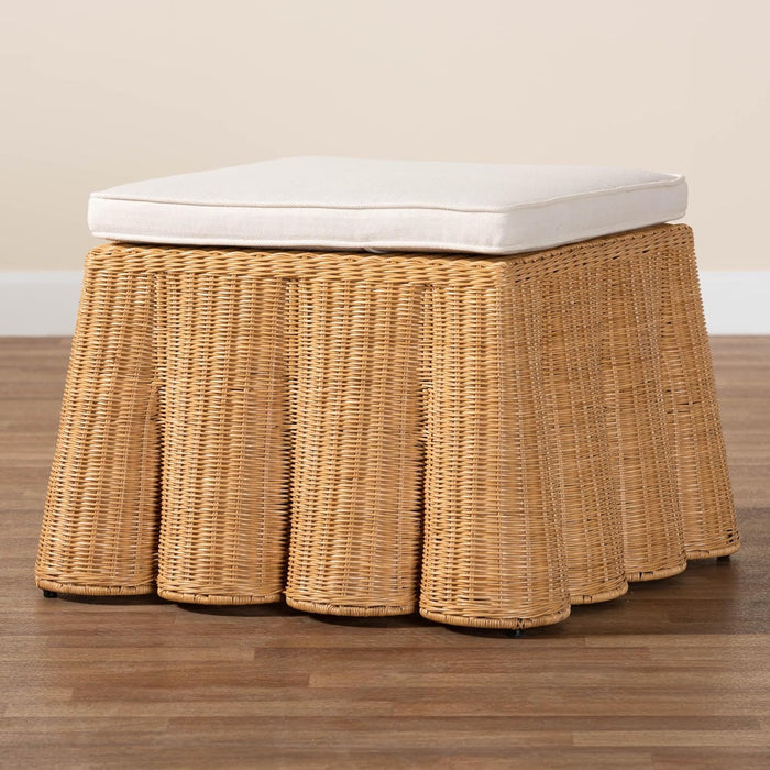Palm Bohemian Honey Scallop Rattan Ottoman