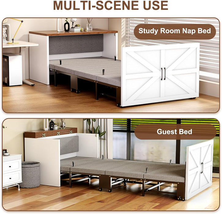 Twin/Full Size Murphy Bed Cabinet with Mattress, Hideaway Foldable Beds Space-Saving Pull Out Wooden Murphy Bed Chest for Small Room Home Office Guest Room Bedroom Living Room Walnut+White