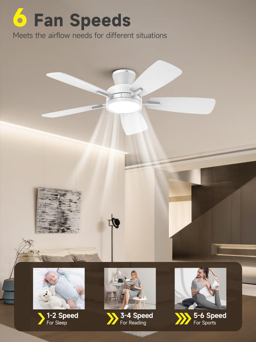 Ceiling Fans with Lights and Remote, 46 Inch Low Profile Ceiling Fan with Light, Flush Mount, Reversible, 3CCT, Dimmable White Modern Ceiling Fan for Bedroom, Living Room, Outdoor Patio