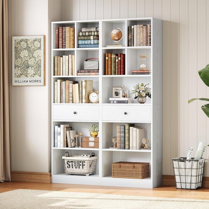 Bookcase and Bookshelves, 70" Tall Bookshelf Floor Standing 6 Tiers Display Storage Shelves, Book Shelf with Drawers for Home Office, Living Room, Bedroom, Library, White