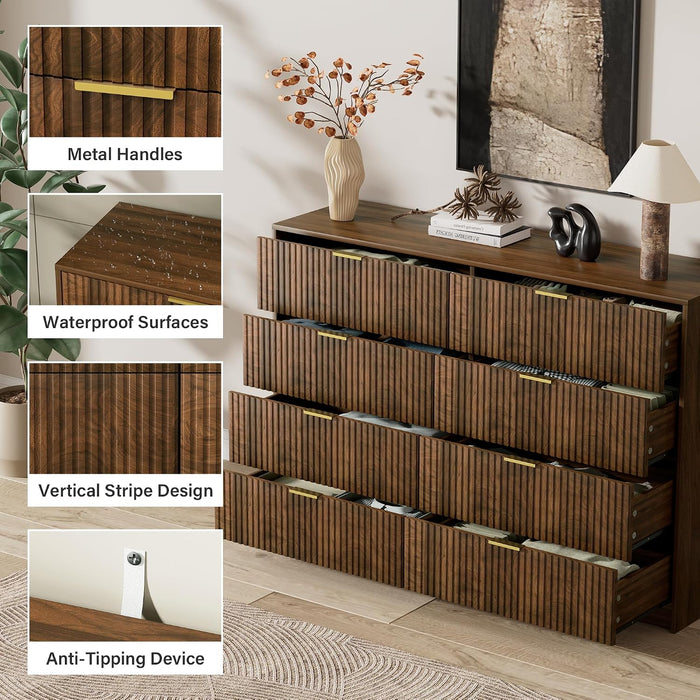 Walnut Dresser for Bedroom, Modern Dresser with 8 Drawers and Smooth Slides, Wide Chest of Drawers with Golden Handles for Bedroom, Closet, 15.7" D X 55" W X 37.4" H