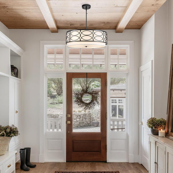 22Inch Drum Chandelier Farmhouse White Fabric Shade