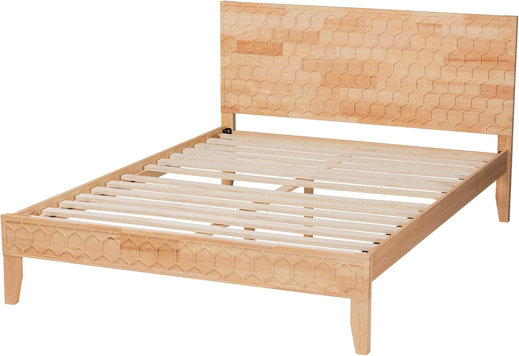 Hosea Japandi Carved Honeycomb Natural Queen Size Platform Bed