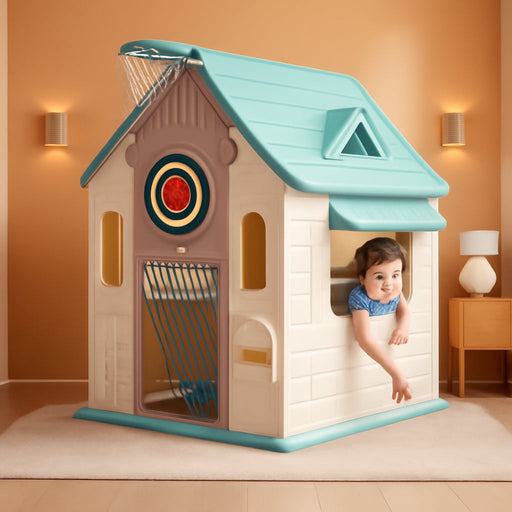 Outdoor Playhouse, 5-In-1 Cottage Play House with Pretend Play, Basketball, Darts, Soccer, Ring Toss, Window & Convenient Door, Toddler Slide Set for Aged 2+, Smooth Edges, Polypropylene Plastic