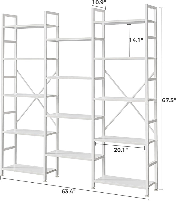 Triple 5 Tier Bookshelf, Bookcase with 14 Open Display Shelves, Wide Book Shelf Book Case for Home & Office, White