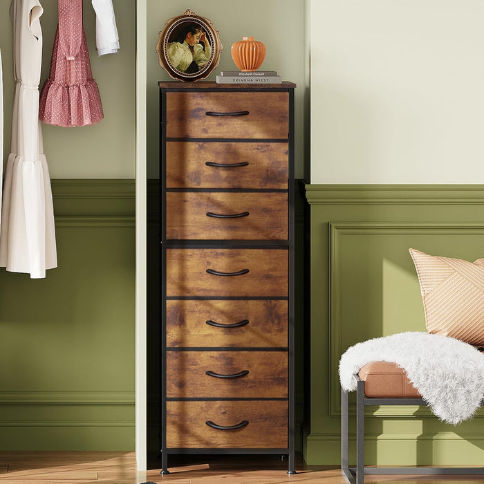 Tall Dresser for Bedroom, 7 Drawer Dressers & Chests of Drawers, Fabric Dresser for Closet, Night Stand with Metal Frame, Storage Tower with Fabric Bins, Wood Top, Rustic Brown Wood Grain Print