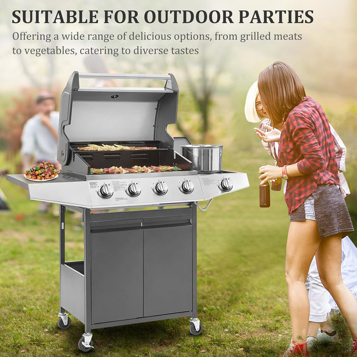 4-Burner Propane Gas BBQ Grill with Side Burner & Porcelain-Enameled Cast Iron Grates Built-In Thermometer, 49,000 BTU Outdoor Cooking, Patio, Garden Barbecue Grill, Black and Silver