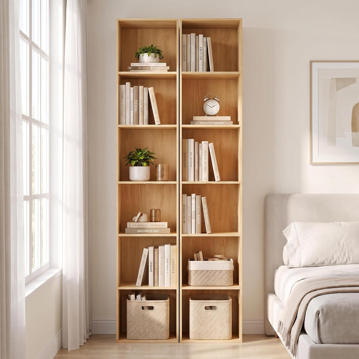 6 Cube Storage Organizer, 6 Tier Tall Skinny Bookshelf, Oak Cube Shelf | 62.4 X 11.8 X 9.3 Wood Narrow Bookcase for Home Office Bedroom Living Room, Anti-Tipping Device