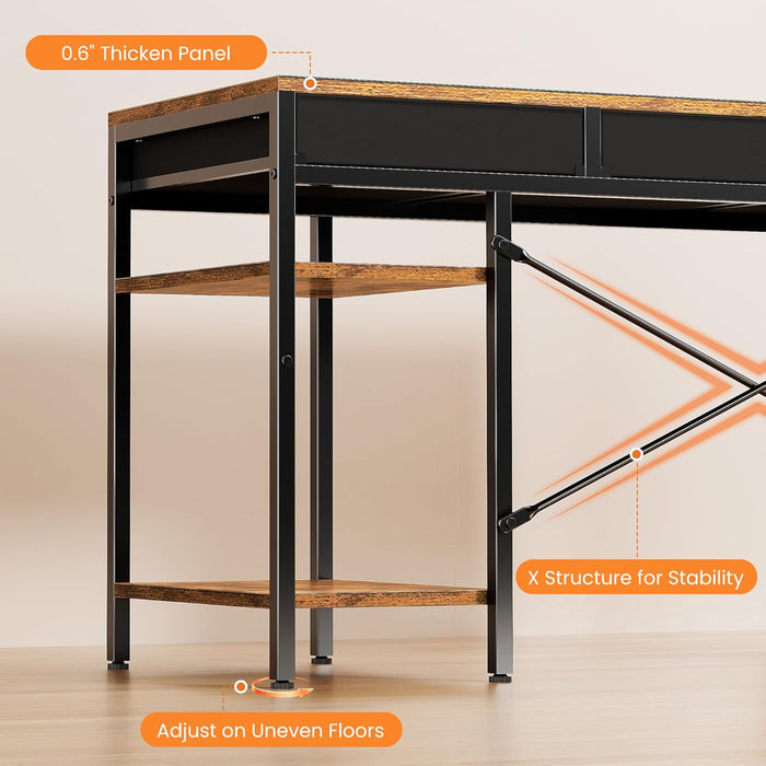 55" Computer Desk with 6 Drawers, Home Office Gaming Desks with Storage Shelves for Bedroom, Writing Study Corner Living Room Work Table Rustic Brown