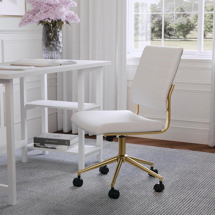 Ivy Armless Swivel Task Chair for Home Office in White Faux Leather with Polished Brass Frame