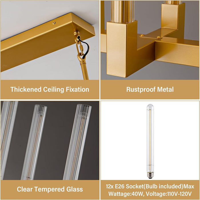 Glass Tube Chandelier Gold Rectangular Dining Pendant
