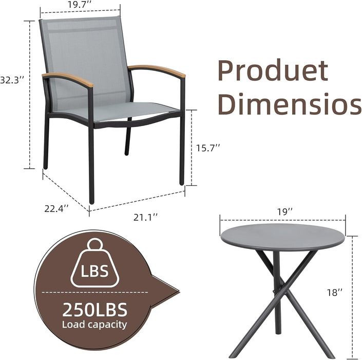 3 Pieces Patio Bistro Sets, Outdoor Textilene Fabric Conversation Bistro Set, Textilene Fabric Front Porch Chairs Small Patio Furniture Set with Table for Lawn,Garden,Balcony (Grey)