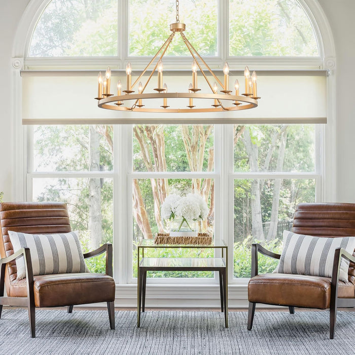 Gold Wagon Wheel Chandelier 40-Inch 16-Light,Extra Large Circle Rustic Farmhouse Light Fixture,Round Metal Chandeliers for Foyer Entryway Dining Room Living Room High Ceilings (E12 Base)