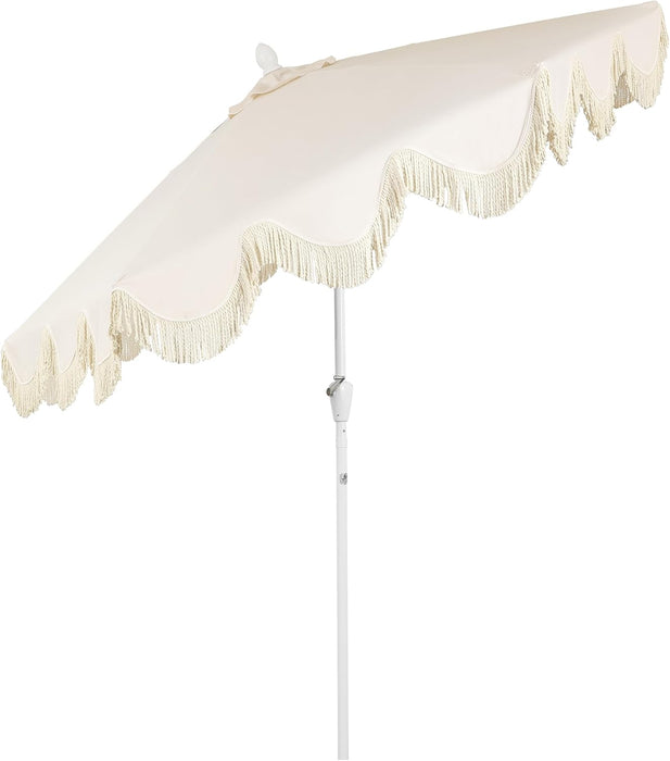 UMB1001 Collins 9 Ft. Classic Cottage Tassel Market Patio Umbrella with Auto-Tilt, Crank, Wind Vent and UV Protection
