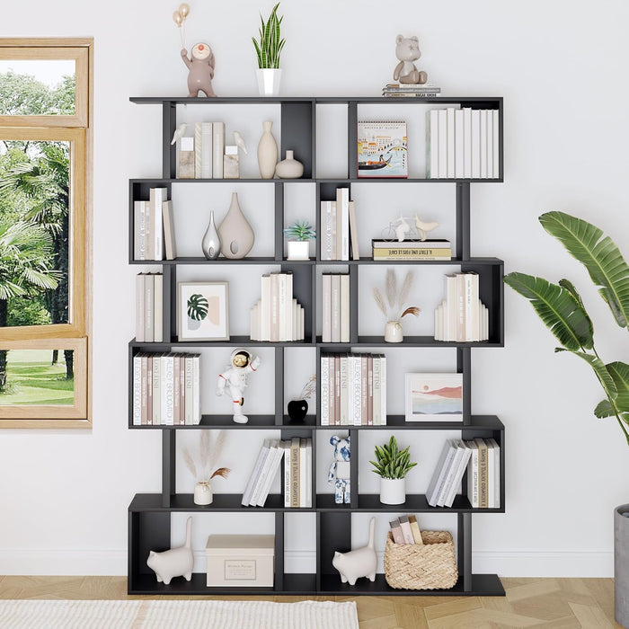 S Shaped Bookshelf, Modern Geometric Bookcase, 6-Tier Black Display Case Book Shelf