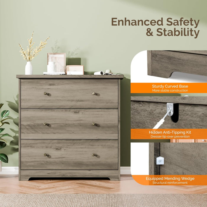 3 Drawer Dresser with Charging Station, Small Dresser Grey Chest of Drawers, 31.5" W Gray Wood Dressers for Bedroom, Living Room, Hallway, Home Office, 15.75" D X 31.5" W X 31.5" H