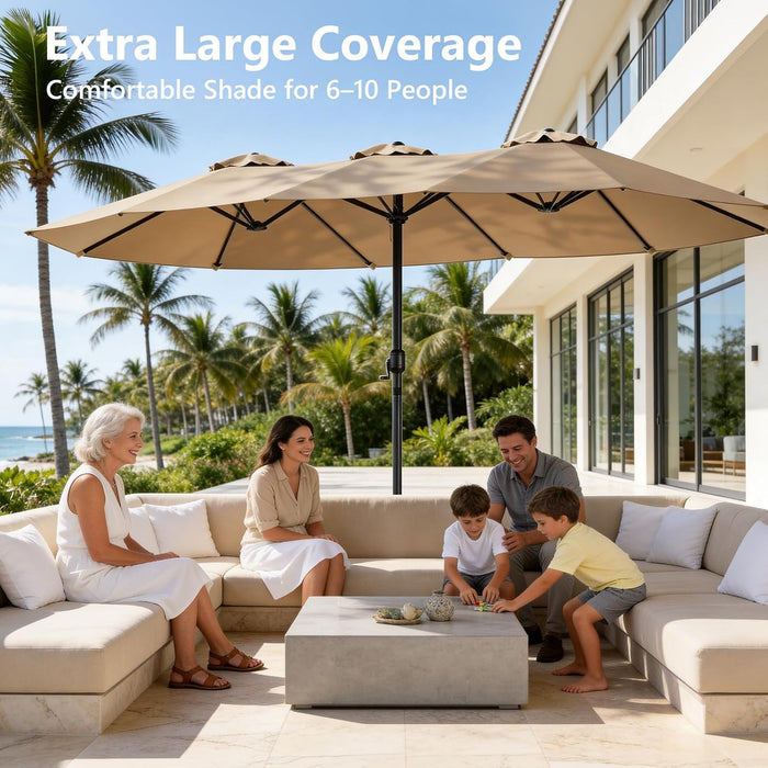 15FT Patio Umbrella, Double-Sided Outdoor Umbrella with Base Included, Large Standing Umbrella with Crank Handle & Ventilation, Rectangular Patio Umbrella for Pool, Backyard, Deck, Lawn & Beach
