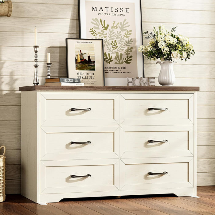 Farmhouse Six Drawer Dresser Walnut Engineered Wood — ShipItFurniture