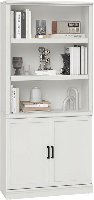5 Shelf Tall Bookcase with Doors White Bookshelf 31In Wide Display Standing Storage Shelf 72In Tall Wood Book Shelves for Bedroom Living Room Office Library