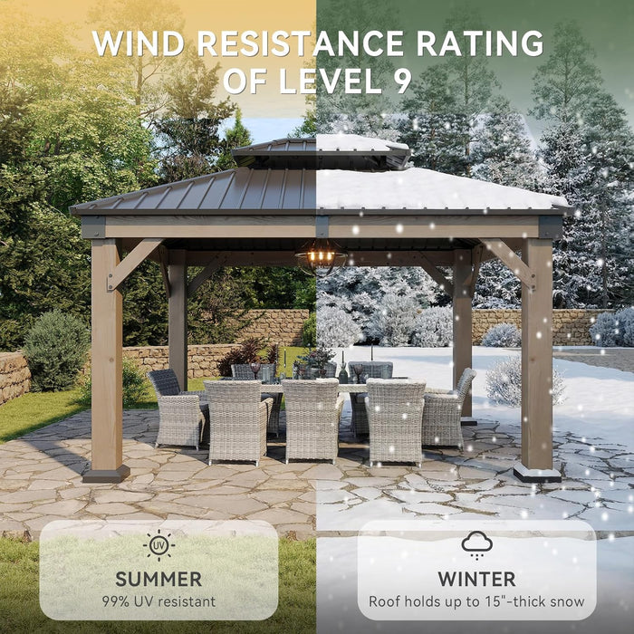 10' X 12' Outdoor Wood Gazebo, Hardtop Gazebo Permanent Wooden Pavilion with Galvanized Steel Double Roof, for Garden, Backyard, Patio, Cedar Wood, Grey
