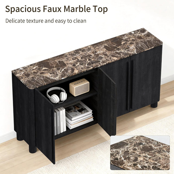 65" Sideboard Buffet Cabinet with Storage, Faux Marble Top Credenza with Adjustable Shelves, Curved Accent Cabinet with round Legs for Living Room, Entryway, Coffee Bar, Black Grey