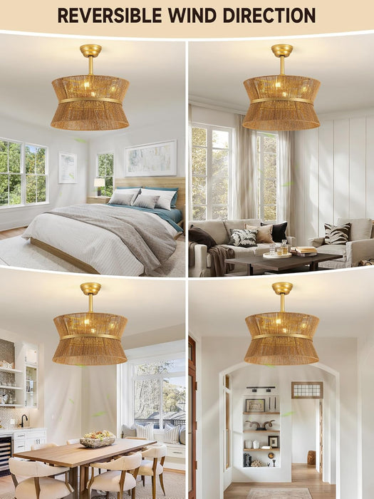 Boho Fandelier Ceiling Fan with Light and Remote Rattan Chandelier Fan Gold Caged Ceiling Fan with Light for Bedroom, Living Room Nursery Foyer Kitchen（6 Speed, Timing Adjustable Height）