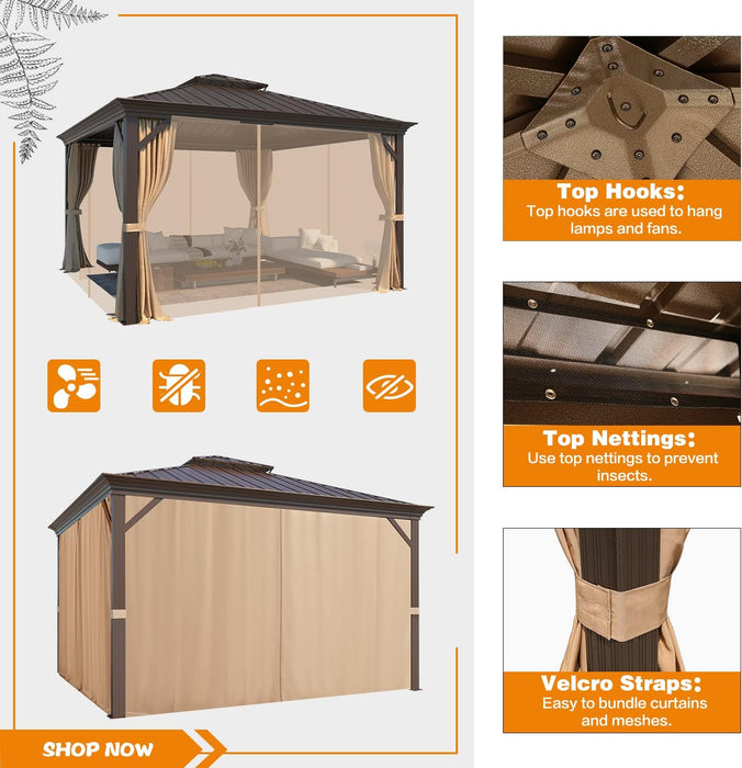 12' X 12' Gazebo Hardtop Double Roof Galvanized Steel Gazebos with Netting and Curtains Outdoor Aluminum Frame Permanent Metal Pavilion for Patio Backyard Deck and Lawns