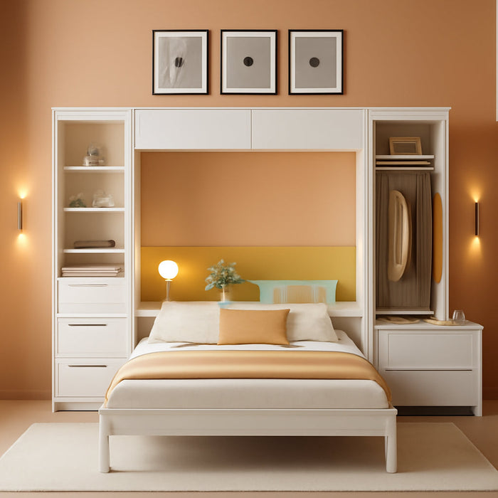 Queen Size Murphy Bed with Wardrobe and Storage Drawers & Storage Shelf,Wall Bed Frame Folding into Cabinet Design for Small Space,Bedroom,Guest Room,White