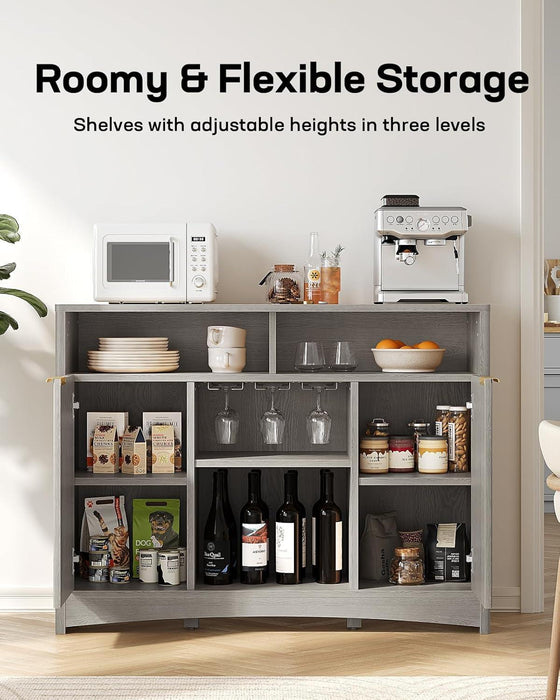 47.2" Bar Cabinets with Storage, Modern Buffet Cabinet, Large Sideboard with 2 Fluted Panel Doors, Coffee Bar Cabinet with Adjustable Shelf and Glass Rack for Kitchen, Living Room, Grey