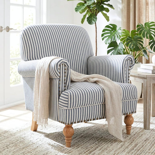 Blue Upholstered Coastal Accent Chair Nailhead Trim