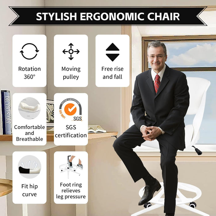 Ergonomic Drafting Chair,Standing Computer Desk Chair,Foot Ring,Lumbar Support,Swivel Task Chair - White