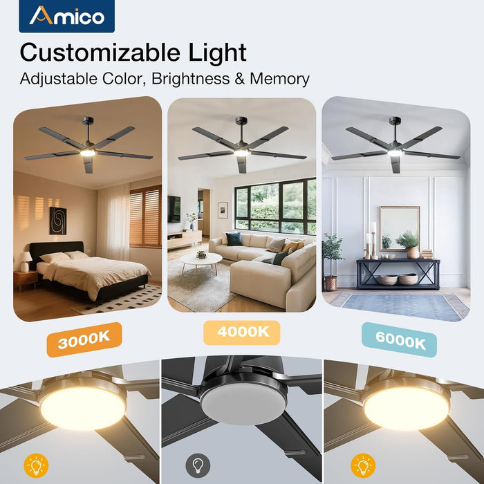 62 Inch Ceiling Fans with Lights and Remote, Black Indoor/Outdoor Ceiling Fan with 6 Speed, Reversible DC Motor, 3CCT, Dimmable, Noiseless Modern Ceiling Fan for Bedroom, Living Room, Patio