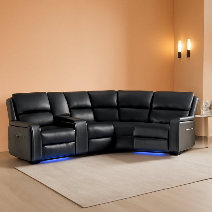 Power Reclining Sectional Sofa with LED Light, Faux Leather Sectional Couch for Living Room, Modern Corner Furniture Sets with 2 Recliner Seats, Cup Holders, Storage Console, Black