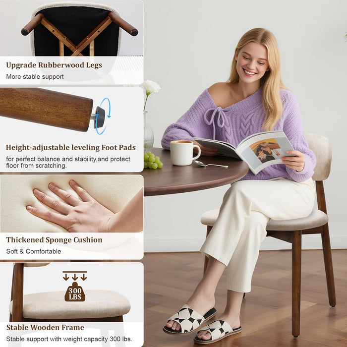 Farmhouse Dining Chairs Set of 4, Mid Century Modern Fabric Upholstered Kitchen Chairs, Wooden Dining Room Chair with Curved Back for Kitchen Dining Room Restaurant Cafe, Light Camel (Only Chairs)