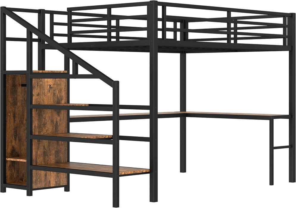 Queen Loft Bed with Desk & Wardrobe, Heavy Duty Metal Loft Beds Frame with Storage Stairs, LED Loft Bed Queen Size with Charging Station & Safety Guardrails, Dark Wood Grain
