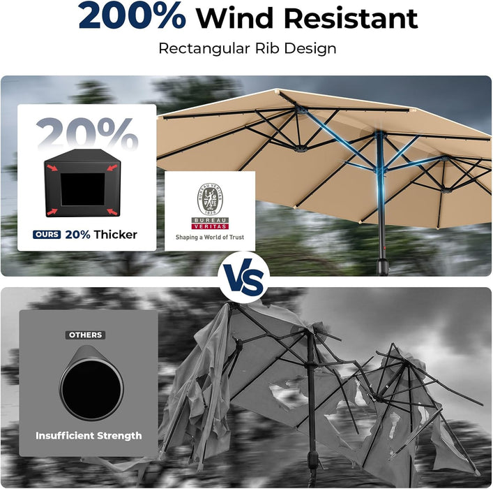 15Ft Large Double Sided Patio Umbrella with 48 Solar LED Lights & Base Included, Heavy Duty Market Table Umbrella with 220Gsm Fade-Resistant Canopy for Commercial & Residential, Deck, Pool, Backyard (Beige)