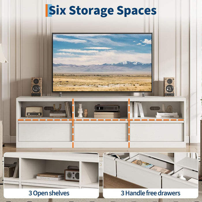 70In TV Stand for Tvs up to 85", Mid Century Modern Entertainment Center with Storage Drawer & Open Shelves, Heavy Duty Media Console for Living Room and Bedroom, White