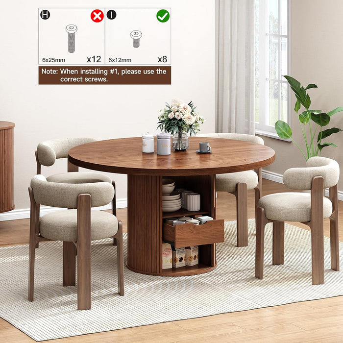 47 Inch round Dining Table for 4, Circle Kitchen Table with 2-Layer Storage Shelf and a Drawer, Modern Farmhouse Dinner Tables with Sliding Door and Wood Strip Base for Kitchen, Living Room (Walnut)